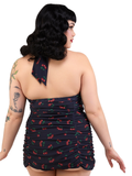 Retro Ruched Halter Swimsuit - Cherries
