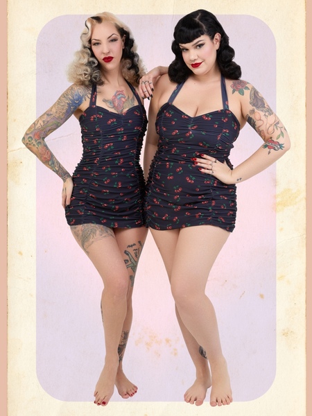 Retro Ruched Halter Swimsuit - Cherries