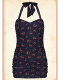Retro Ruched Halter Swimsuit - Cherries