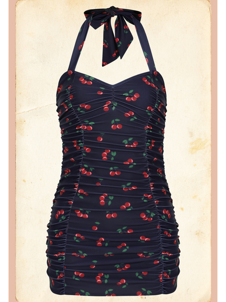 Retro Ruched Halter Swimsuit - Cherries
