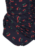 Retro Ruched Halter Swimsuit - Cherries