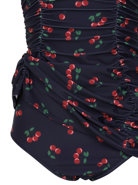Retro Ruched Halter Swimsuit - Cherries