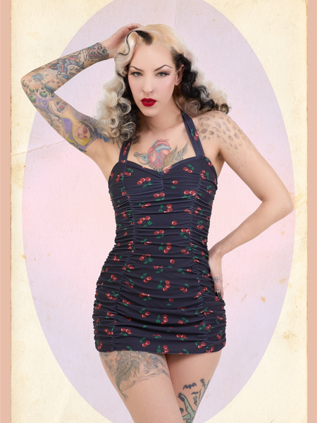 Retro Ruched Halter Swimsuit - Cherries