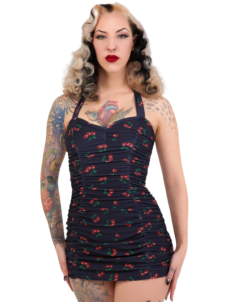 Retro Ruched Halter Swimsuit - Cherries