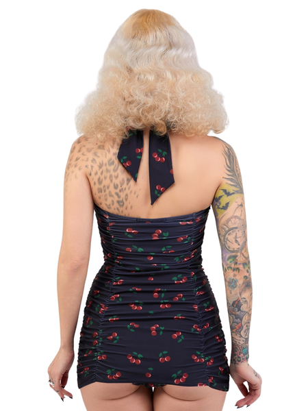 Retro Ruched Halter Swimsuit - Cherries