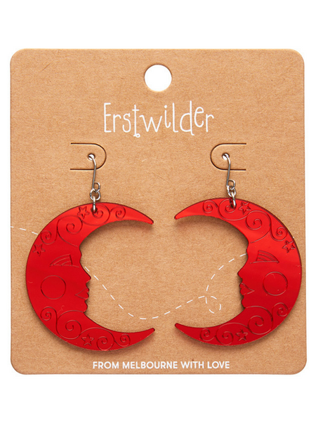 Moon Mirror Drop Earrings - Red