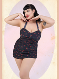 Retro Ruched Halter Swimsuit - Cherries