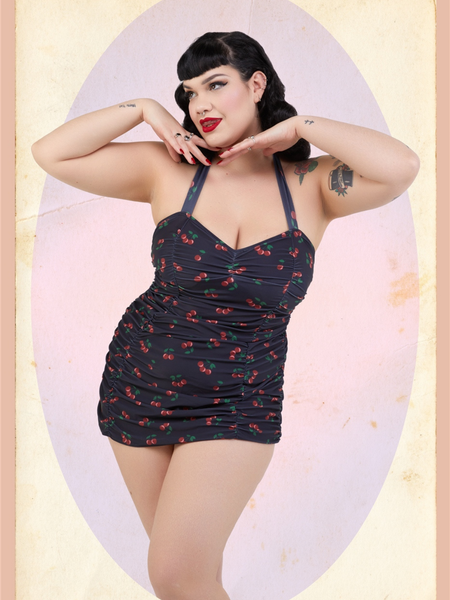 Retro Ruched Halter Swimsuit - Cherries