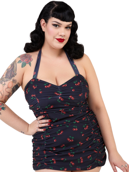 Retro Ruched Halter Swimsuit - Cherries
