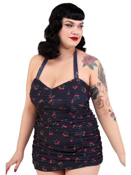 Retro Ruched Halter Swimsuit - Cherries