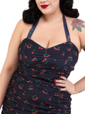 Retro Ruched Halter Swimsuit - Cherries