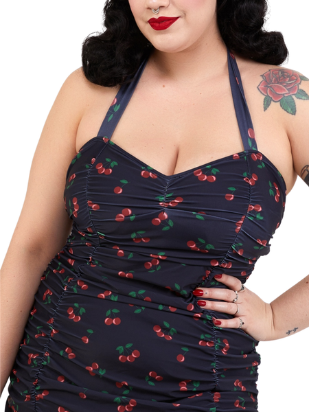 Retro Ruched Halter Swimsuit - Cherries
