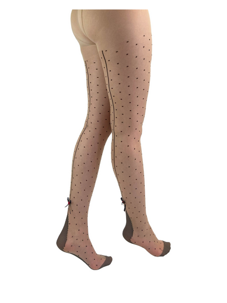 Dotty Seamed/Red Rose Tights - Nude