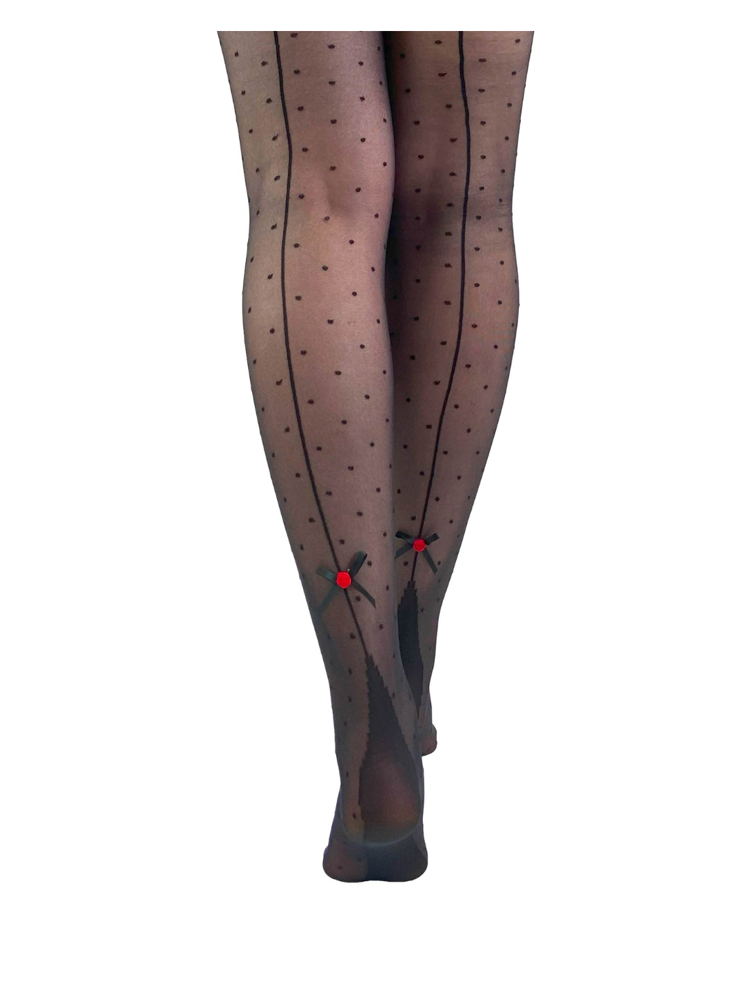 Dotty Seamed/Red Rose Tights - Black