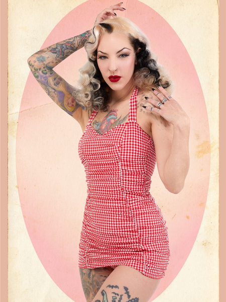 Retro Ruched Halter Swimsuit - Gingham