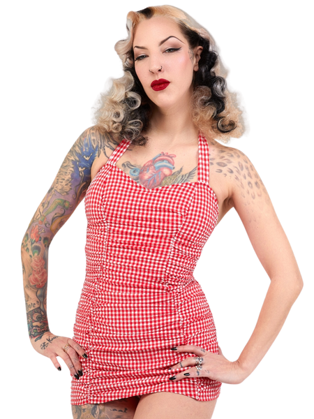 Retro Ruched Halter Swimsuit - Gingham