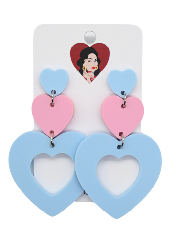 Triple Heart Drop Earrings - Blue & Pink