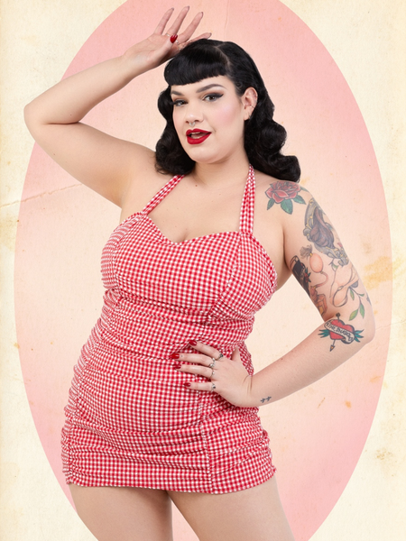 Retro Ruched Halter Swimsuit - Gingham