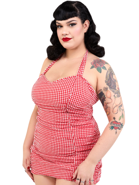 Retro Ruched Halter Swimsuit - Gingham