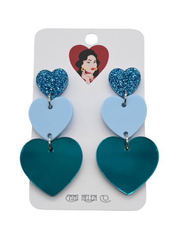 Triple Heart Drop Earrings - Teal