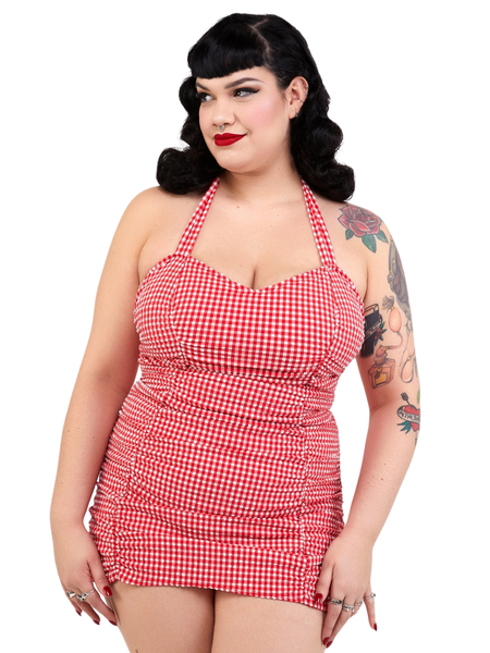 Retro Ruched Halter Swimsuit - Gingham