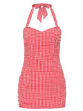 Retro Ruched Halter Swimsuit - Gingham