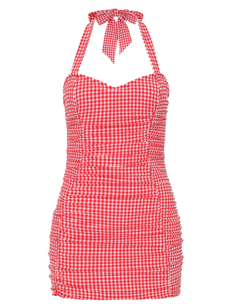 Retro Ruched Halter Swimsuit - Gingham