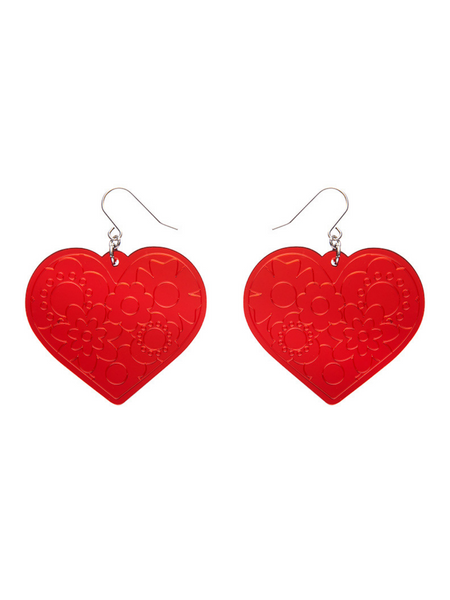 Love Heart Mirror Drop Earrings - Red