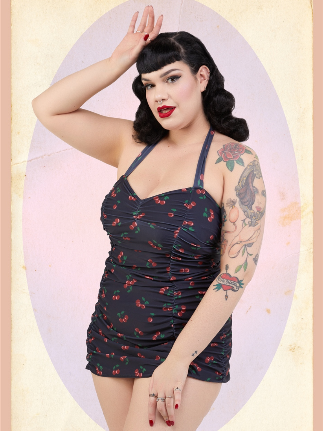 Retro Ruched Halter Swimsuit - Cherries