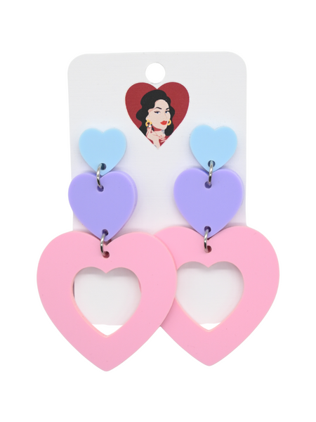 Triple Heart Drop Earrings - Pastels