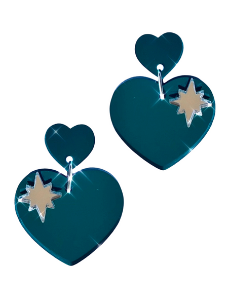 Sparkle Heart Earrings - Teal