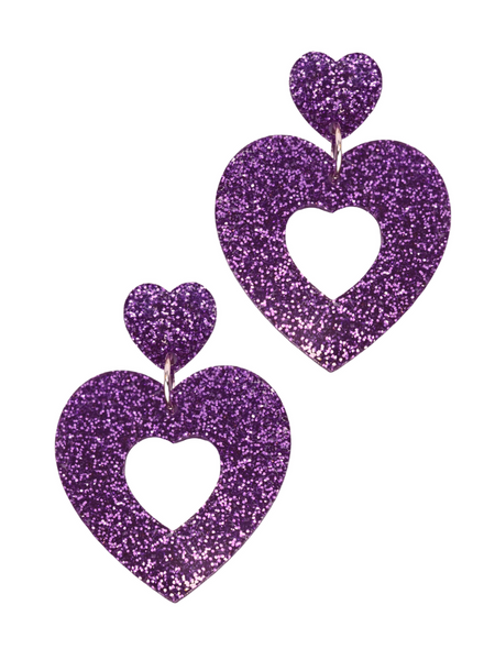 Sweetheart Hoop Earrings - Purple Glitter