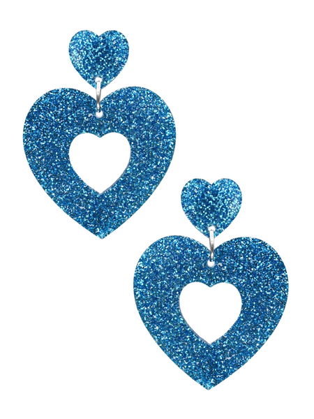 Sweetheart Hoop Earrings - Blue Glitter